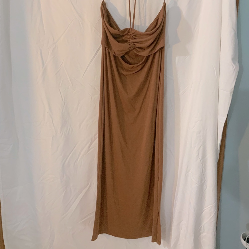 Brown, strapless/halter cutout midi dress